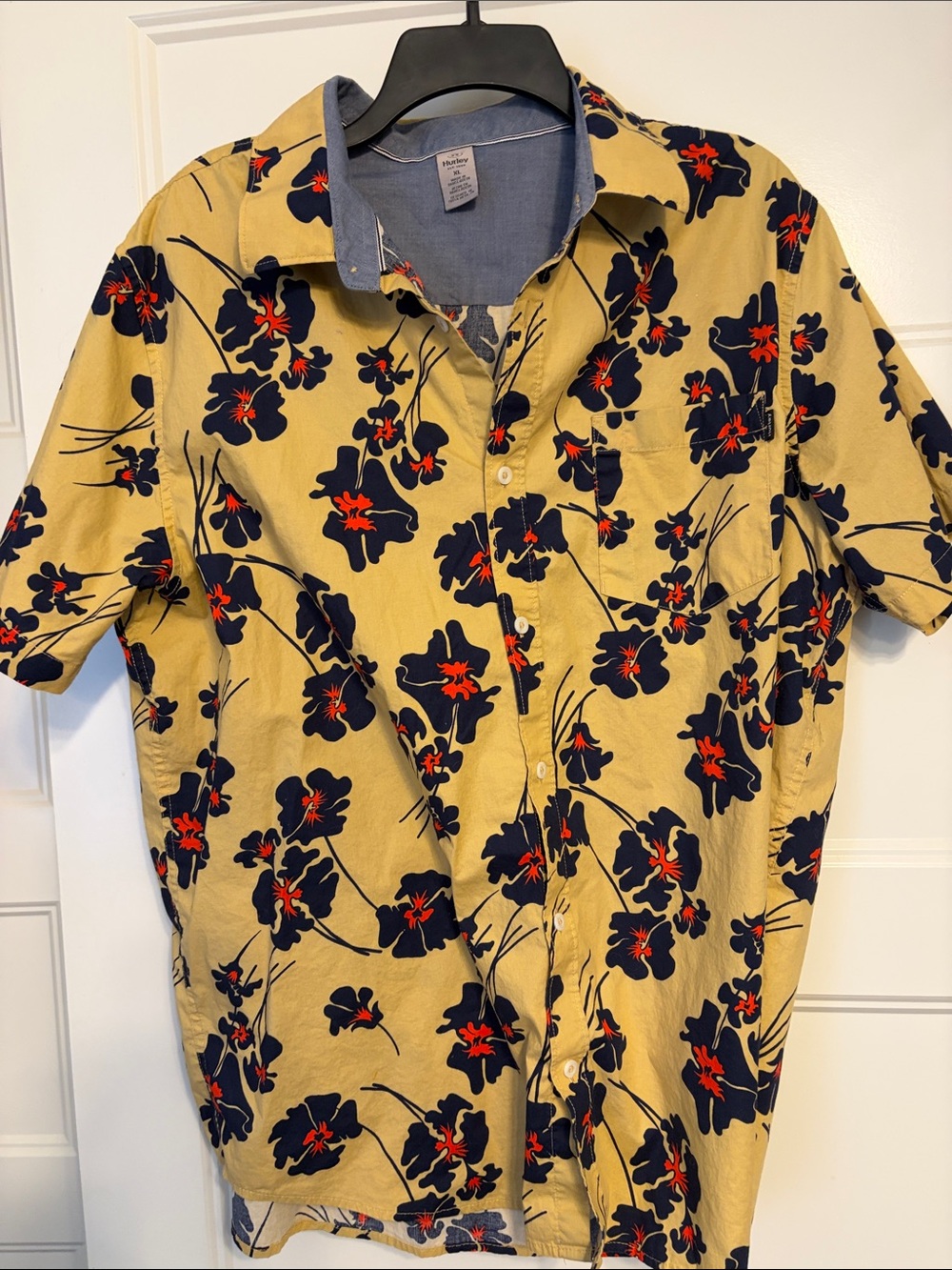 Hurley Mustard Yellow Short-Sleeve Floral Button-Down Shirt